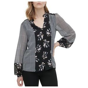 Calvin Klein Women's Colorblocked Blouse Sz Small Button-Up Floral Houndstooth.